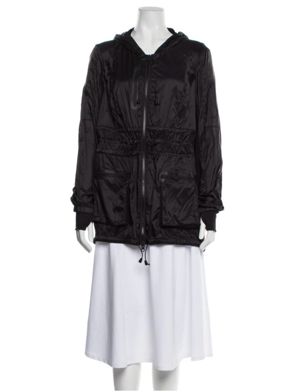 Blanc Noir, Black Hooded Utility Windbreaker Nylon Jacket with Cinch-Waist.Small